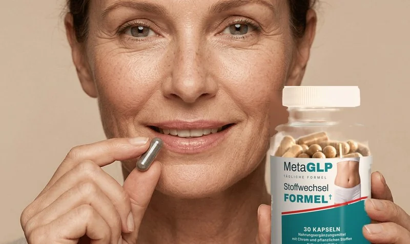 Person hält eine MetaGLP-Kapsel und eine Produktflasche